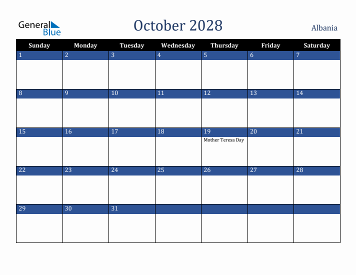 October 2028 Albania Calendar (Sunday Start)