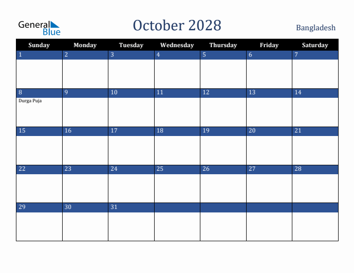 October 2028 Bangladesh Calendar (Sunday Start)