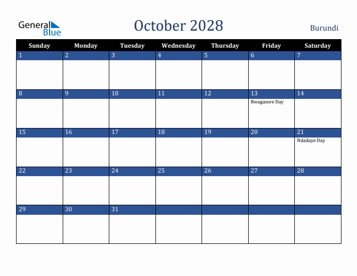 October 2028 Burundi Calendar (Sunday Start)