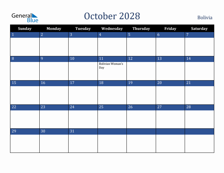 October 2028 Bolivia Calendar (Sunday Start)