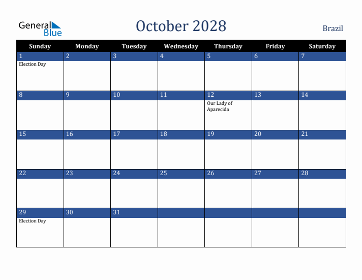 October 2028 Brazil Calendar (Sunday Start)
