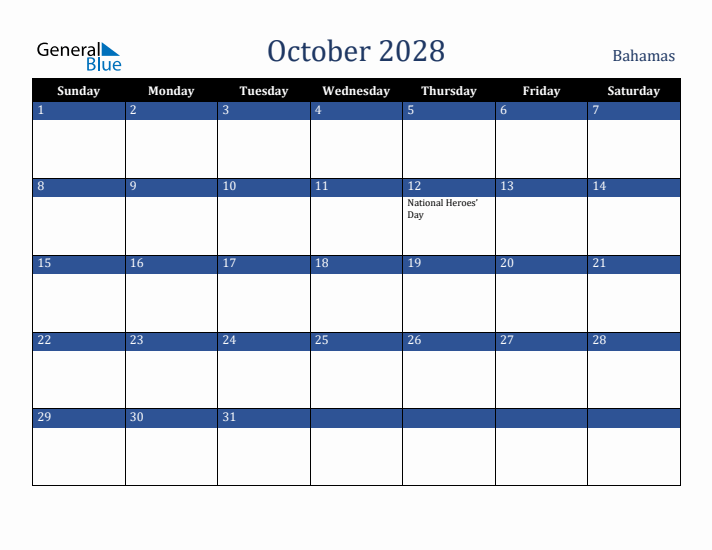 October 2028 Bahamas Calendar (Sunday Start)