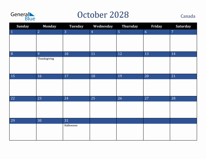 October 2028 Canada Calendar (Sunday Start)