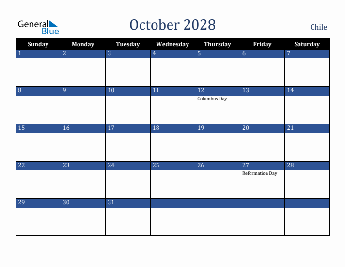 October 2028 Chile Calendar (Sunday Start)