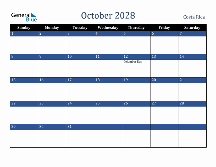 October 2028 Costa Rica Calendar (Sunday Start)