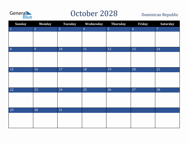 October 2028 Dominican Republic Calendar (Sunday Start)