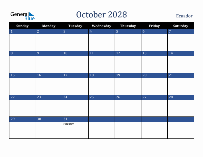 October 2028 Ecuador Calendar (Sunday Start)