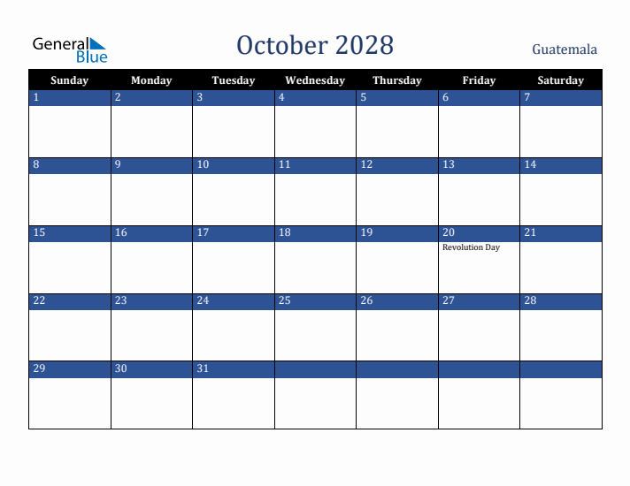 October 2028 Guatemala Calendar (Sunday Start)