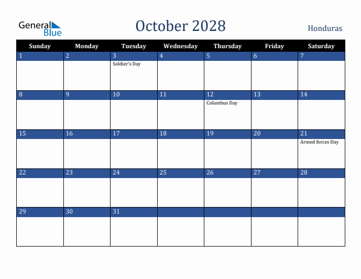 October 2028 Honduras Calendar (Sunday Start)