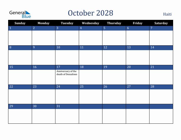 October 2028 Haiti Calendar (Sunday Start)