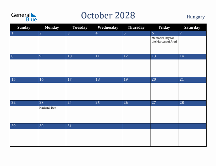 October 2028 Hungary Calendar (Sunday Start)