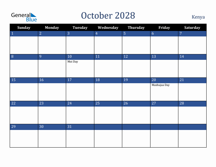 October 2028 Kenya Calendar (Sunday Start)