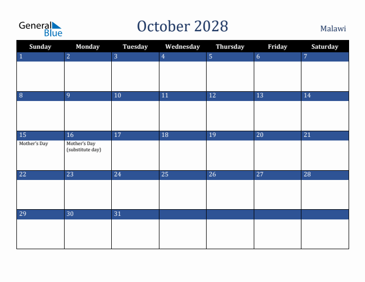 October 2028 Malawi Calendar (Sunday Start)