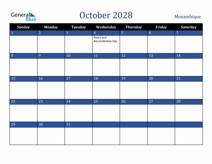 October 2028 Mozambique Calendar (Sunday Start)