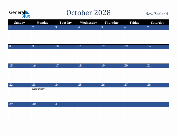 October 2028 New Zealand Calendar (Sunday Start)