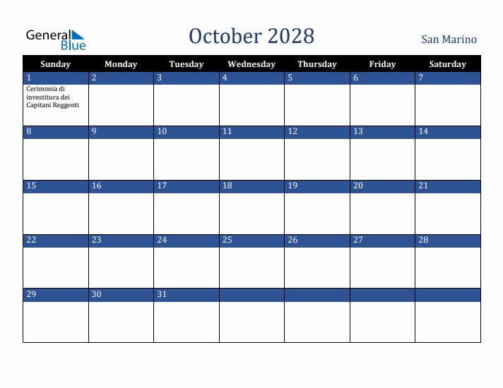 October 2028 San Marino Calendar (Sunday Start)