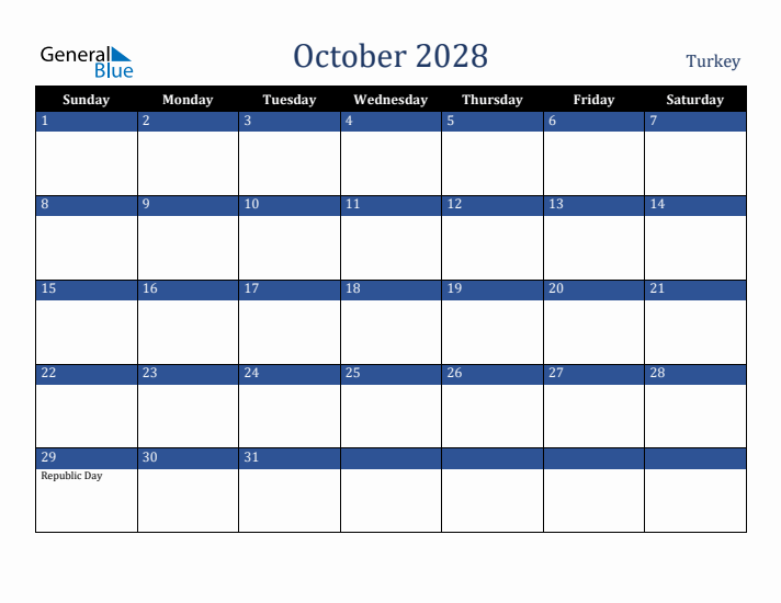 October 2028 Turkey Calendar (Sunday Start)