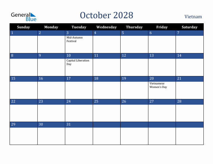October 2028 Vietnam Calendar (Sunday Start)