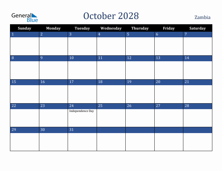 October 2028 Zambia Calendar (Sunday Start)