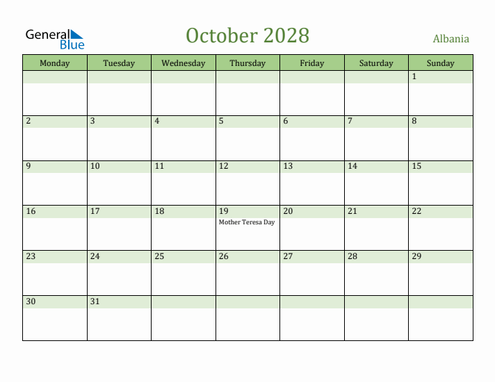 October 2028 Calendar with Albania Holidays