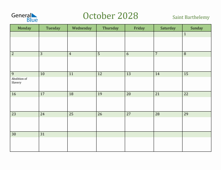October 2028 Calendar with Saint Barthelemy Holidays