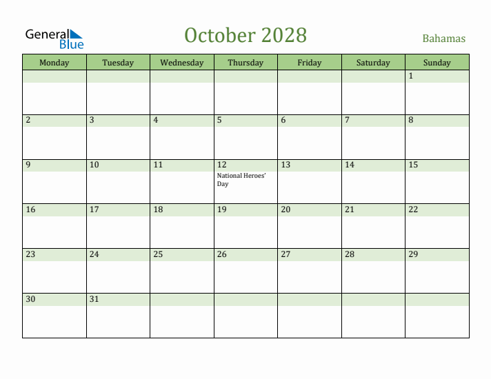 October 2028 Calendar with Bahamas Holidays