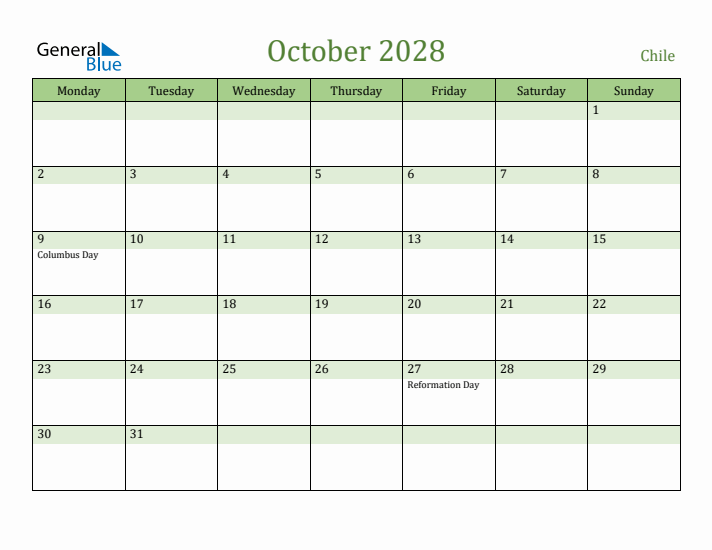 October 2028 Calendar with Chile Holidays