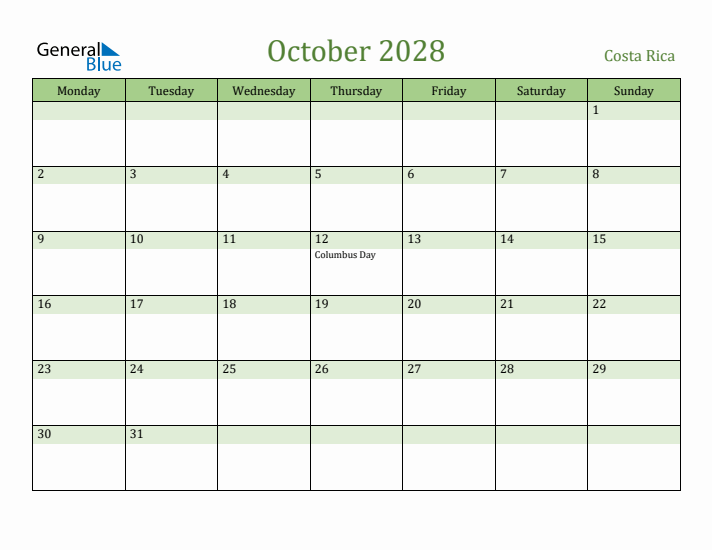 October 2028 Calendar with Costa Rica Holidays