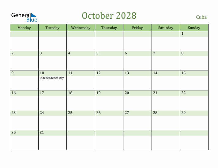 October 2028 Calendar with Cuba Holidays