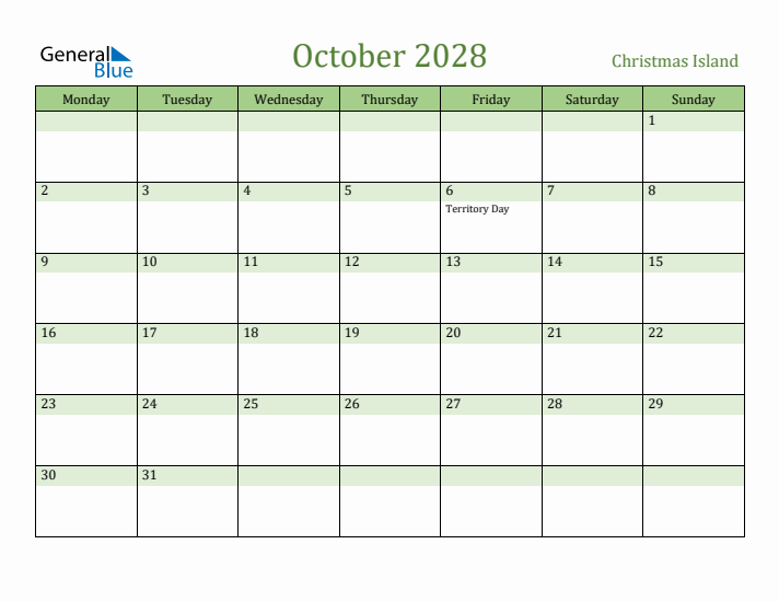 October 2028 Calendar with Christmas Island Holidays