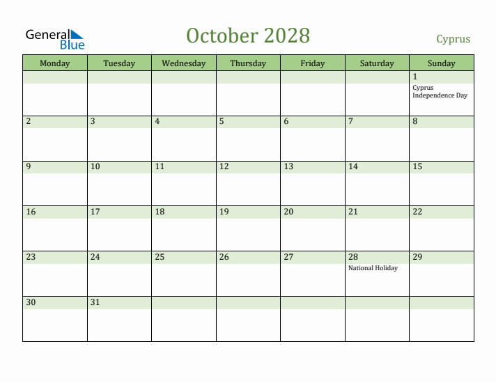 October 2028 Calendar with Cyprus Holidays