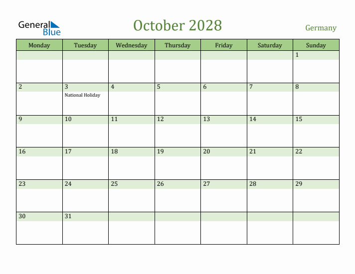 October 2028 Calendar with Germany Holidays