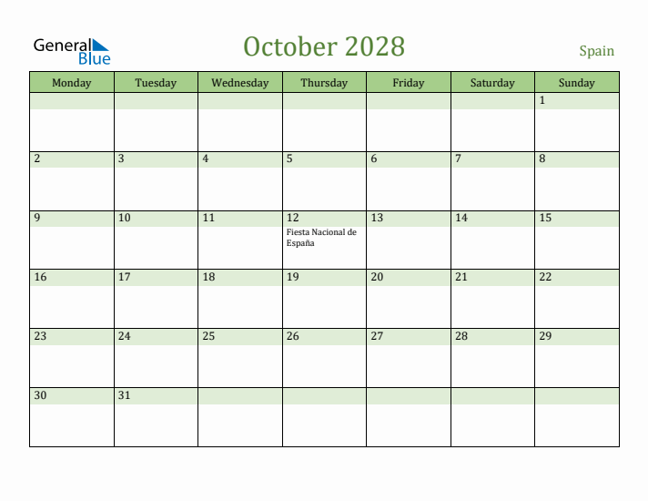 October 2028 Calendar with Spain Holidays
