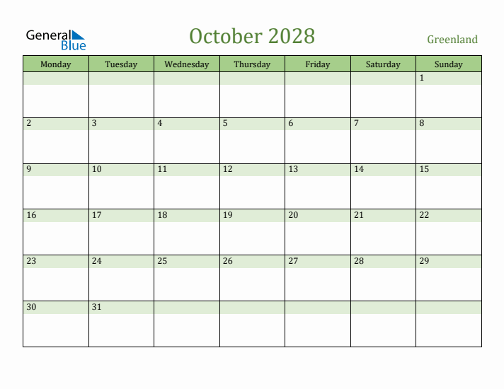 October 2028 Calendar with Greenland Holidays