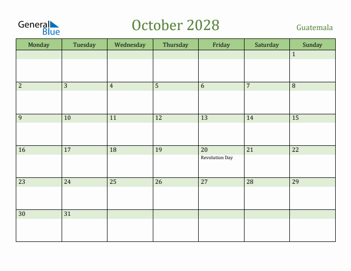 October 2028 Calendar with Guatemala Holidays