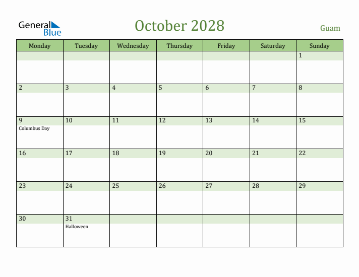 October 2028 Calendar with Guam Holidays