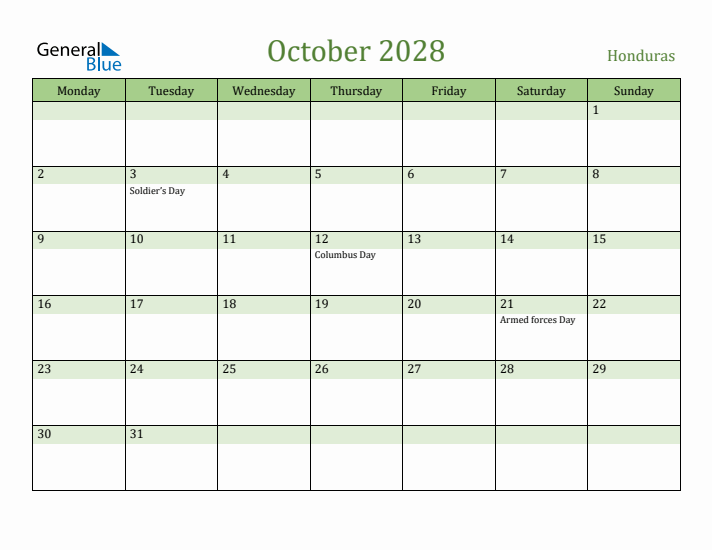October 2028 Calendar with Honduras Holidays