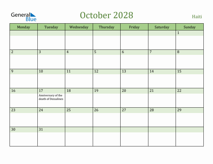 October 2028 Calendar with Haiti Holidays