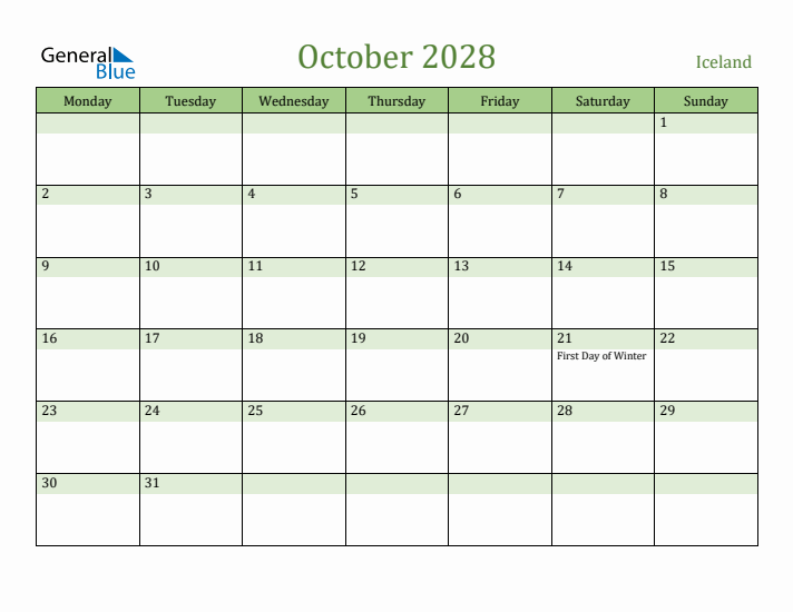 October 2028 Calendar with Iceland Holidays