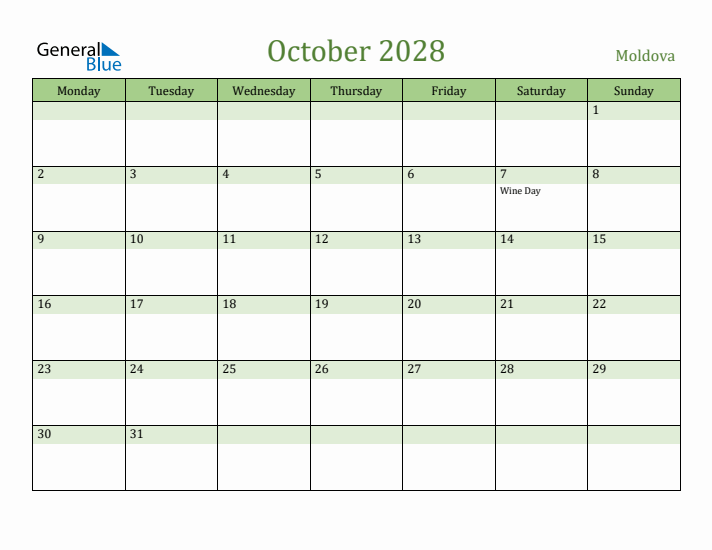 October 2028 Calendar with Moldova Holidays