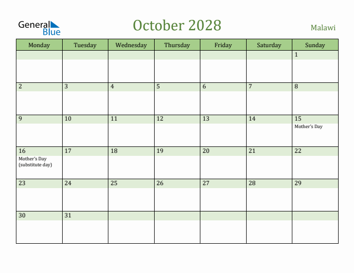 October 2028 Calendar with Malawi Holidays