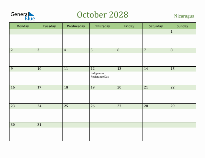 October 2028 Calendar with Nicaragua Holidays