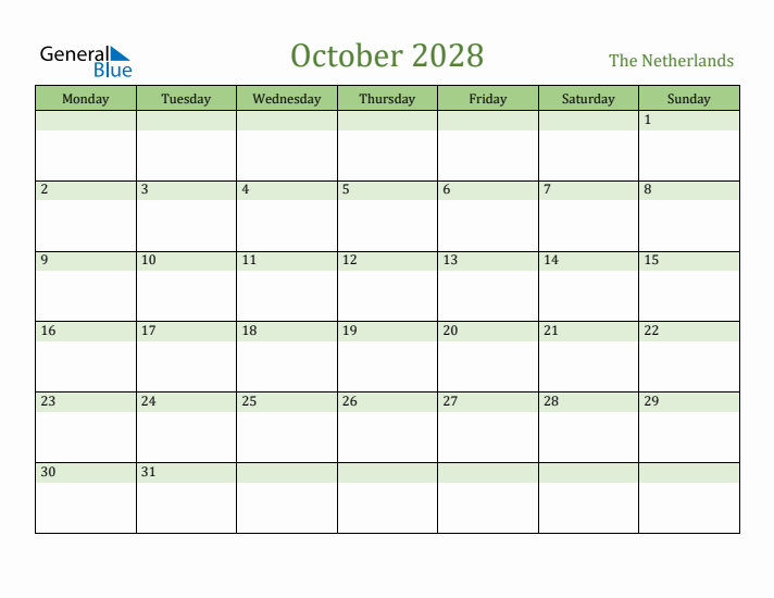 October 2028 Calendar with The Netherlands Holidays