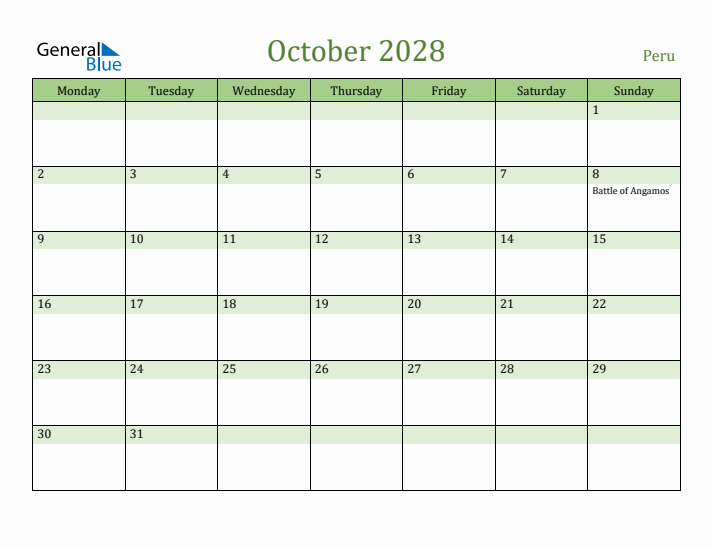 October 2028 Calendar with Peru Holidays