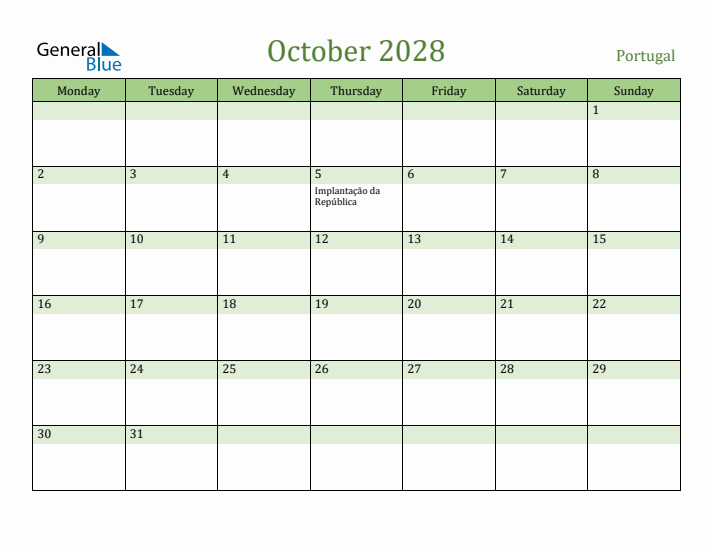 October 2028 Calendar with Portugal Holidays