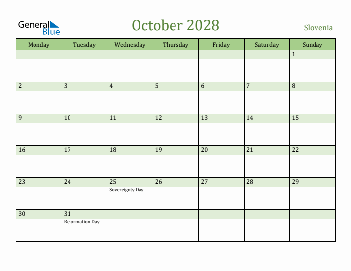 October 2028 Calendar with Slovenia Holidays