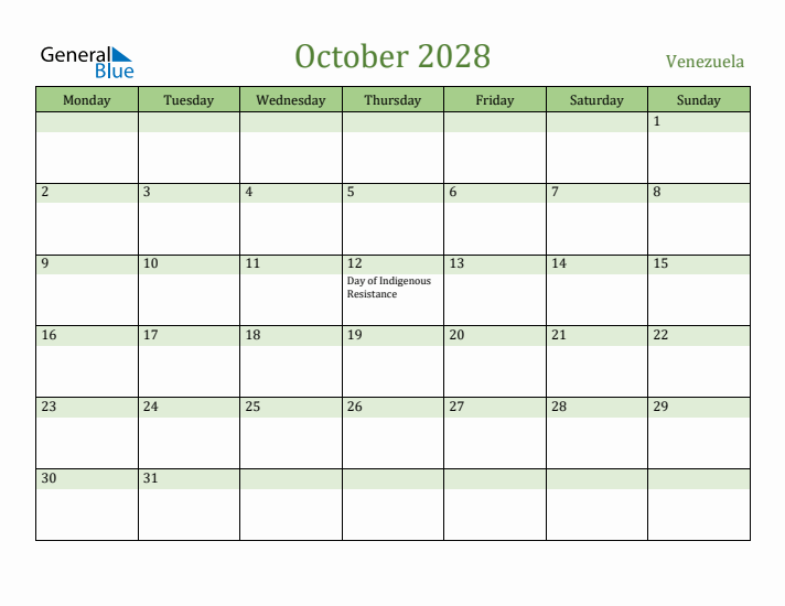 October 2028 Calendar with Venezuela Holidays