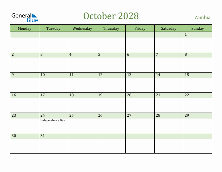 October 2028 Calendar with Zambia Holidays