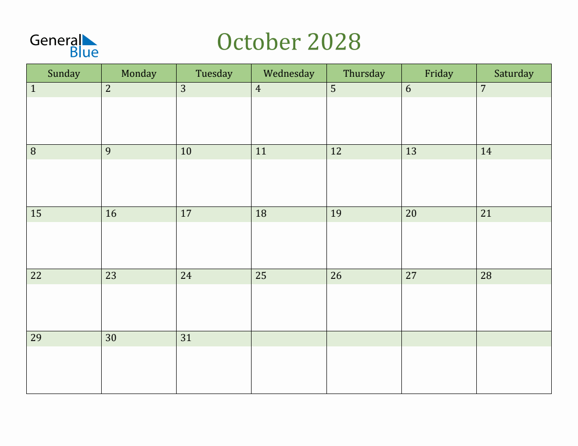 Fillable October 2028 Calendar