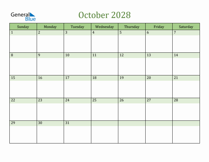 October 2028 Calendar with Sunday Start